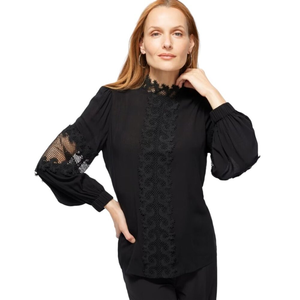 Chico's Black Label Lace Trim Top, Size 10, Black, NWOT